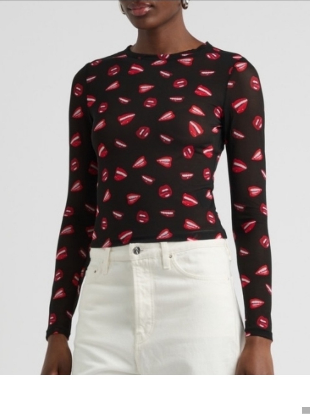 NWT Alice + Olivia Delania Black Sheer Long-Sleeve Top with Red Lip Print S